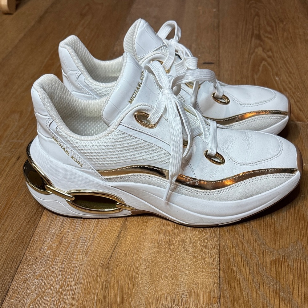 Michael Kors Toni Trainer White and Gold Women's Sneakers Size 9